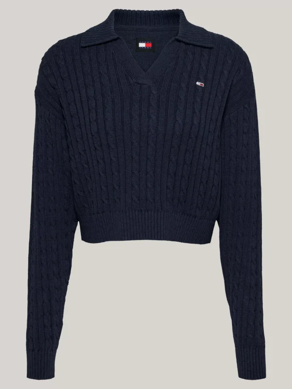 Tommy Hilfiger Boxy Fit Zopfstrick-Pullover mit Rugby-Kragen DARK NIGHT NAVY MELANGE Sale