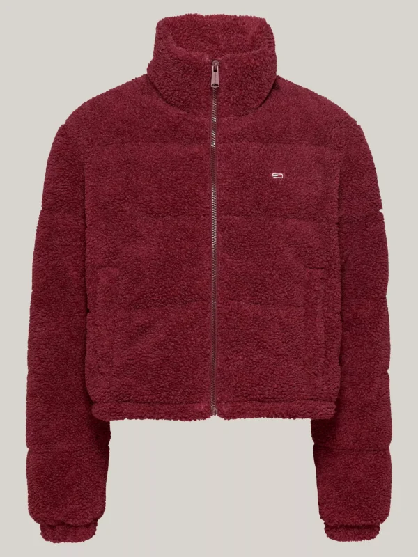 Tommy Hilfiger Cropped Fit Puffer-Jacke aus Teddy-Fleece DEEP ROUGE Outlet