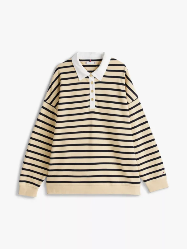 Tommy Hilfiger Curve Sweatshirt mit Polokragen und Knöpfen an Schulter BRETON STP COUNTRY IVORY/DESERT SKY Cheap
