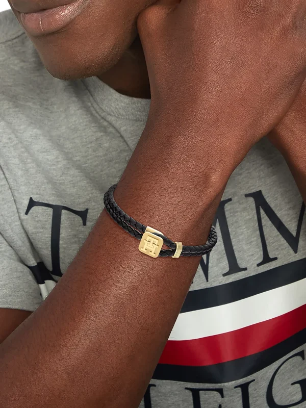 Tommy Hilfiger Flechtarmband aus Leder mit Vergoldung BLACK New