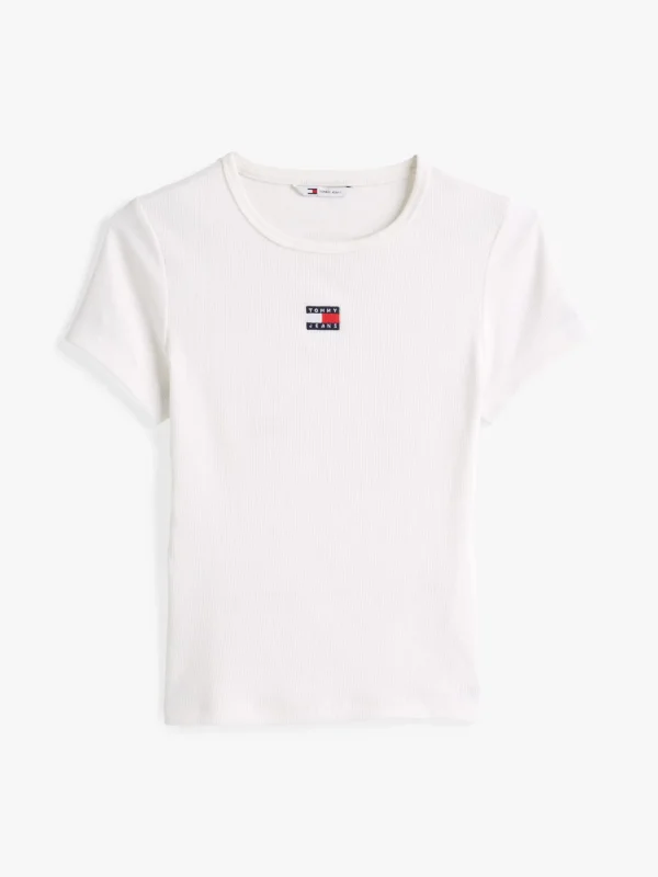 Tommy Hilfiger Geripptes Slim Fit T-Shirt mit Badge ECRU Cheap