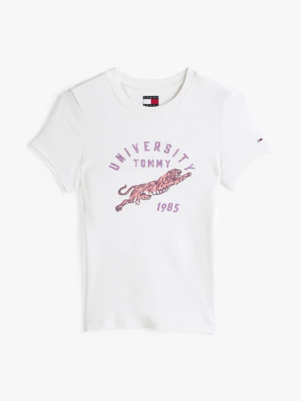 Tommy Hilfiger Geripptes Slim Fit T-Shirt mit Logo ECRU Clearance