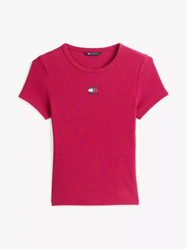 Tommy Hilfiger Geripptes Slim Fit T-Shirt mit Badge BRILLIANT BERRY Best Sale