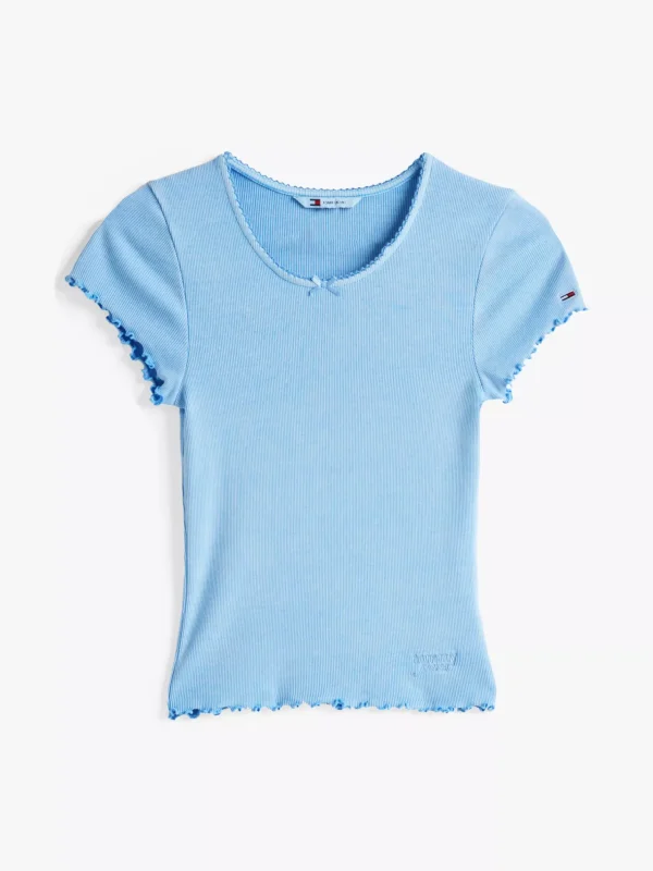 Tommy Hilfiger Geripptes Slim Fit T-Shirt mit Rüschenärmeln SUGARPLUM BLUE Store