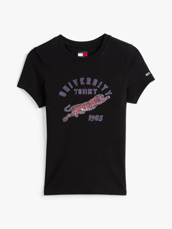 Tommy Hilfiger Geripptes Slim Fit T-Shirt mit Logo BLACK Hot