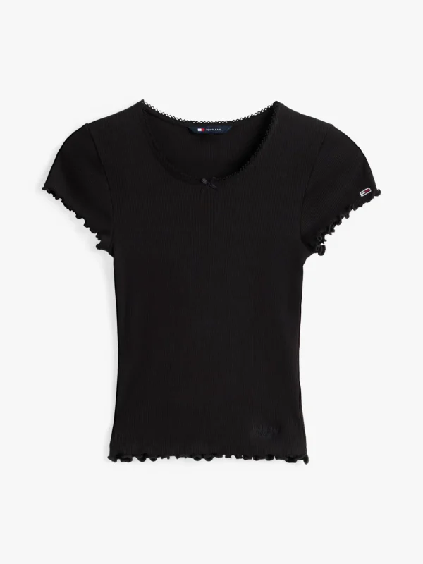 Tommy Hilfiger Geripptes Slim Fit T-Shirt mit Rüschenärmeln BLACK Cheap