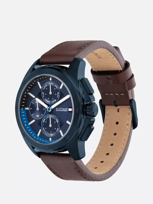 Tommy Hilfiger Marineblaue ionenplattierte Lederarmband-Uhr BLUE Outlet