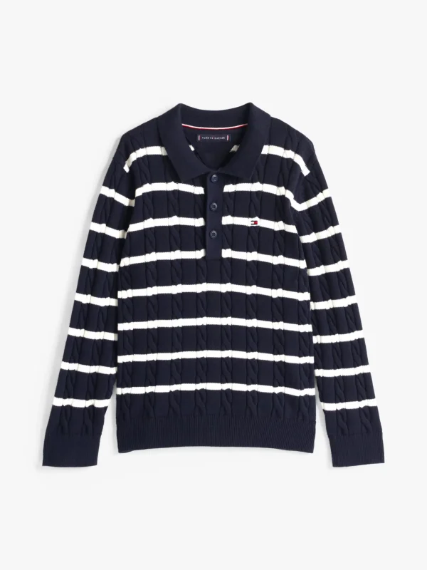 Tommy Hilfiger Polo-Pullover im Zopfstrick-Design DARK NIGHT NAVY IVORY PETAL STRIPE Flash Sale