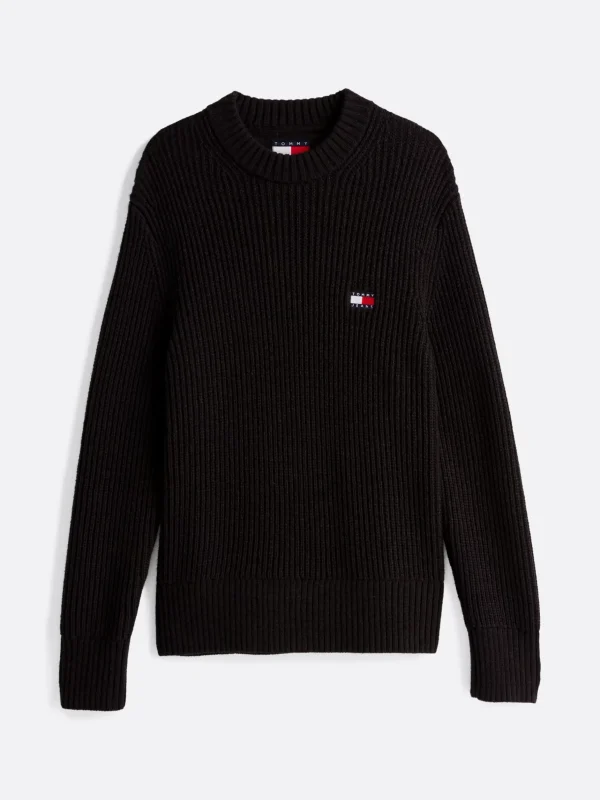 Tommy Hilfiger Pullover aus Rippstrick mit Tommy-Badge BLACK Flash Sale