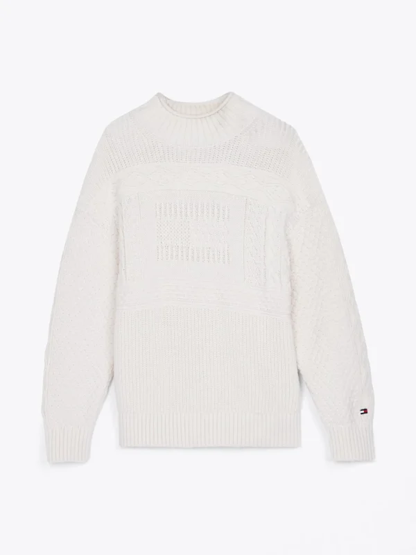 Tommy Hilfiger Rollkragen-Pullover mit Zopfmuster und Flag IVORY PETAL Best Sale