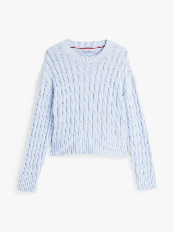Tommy Hilfiger Rundhals-Pullover im Zopfstrick-Design BREEZY BLUE New