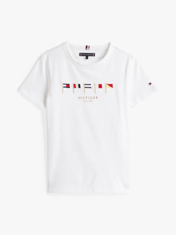 Tommy Hilfiger Rundhals-T-Shirt mit aufgestickten Flaggen WHITE Outlet