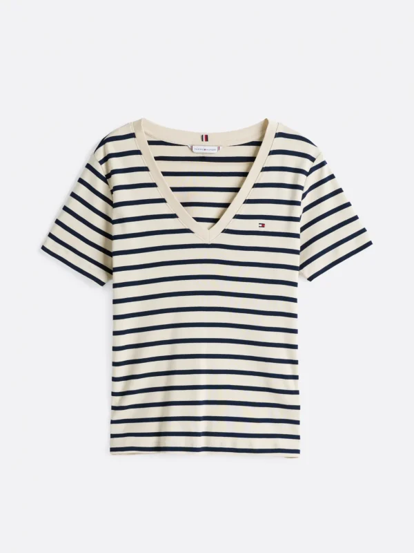 Tommy Hilfiger Slim Fit T-Shirt mit V-Ausschnitt FINE STP COUNTRY IVORY/ DRK N NAVY Hot