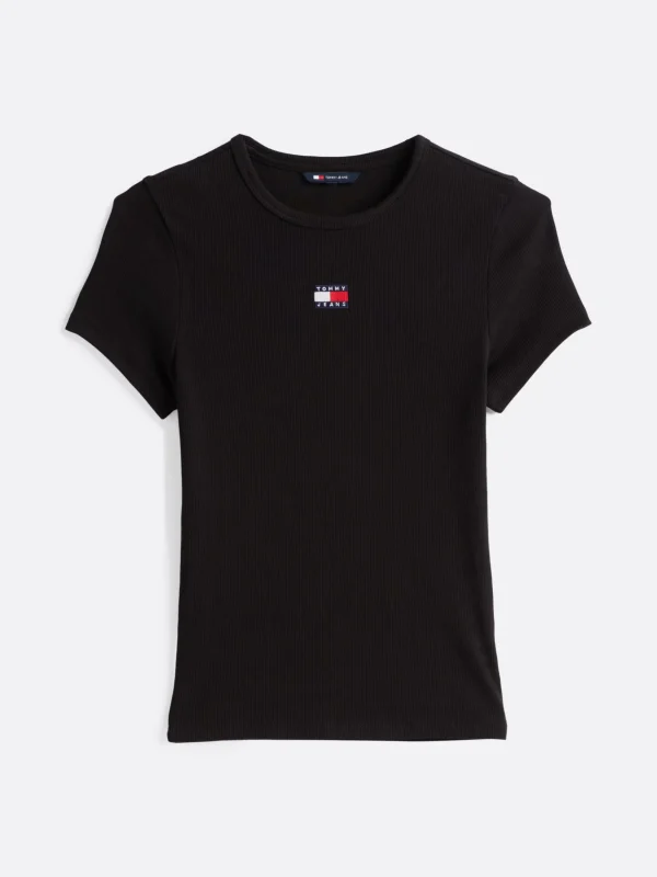 Tommy Hilfiger Tommy Badge geripptes Slim Fit T-Shirt BLACK Sale