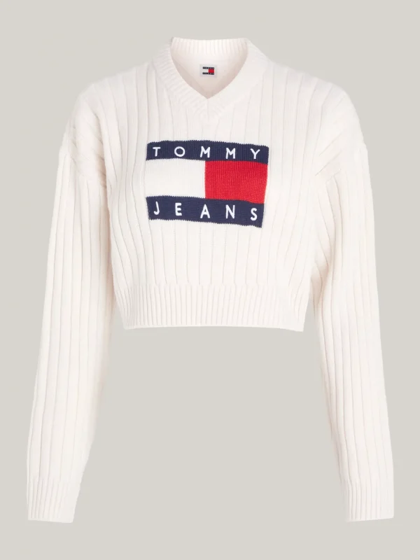 Tommy Hilfiger Tommy Flag Cropped Fit Pullover ANCIENT WHITE Clearance