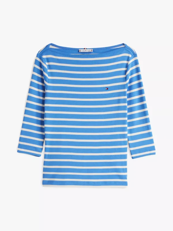 Tommy Hilfiger T-Shirt mit U-Boot-Ausschnitt und 3/4-Ärmeln FINE STP BLUE SPELL/ IVORY PETAL Flash Sale