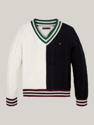 Tommy Hilfiger Zopfstrick-Pullover mit V-Ausschnitt BLUE / WHITE Hot