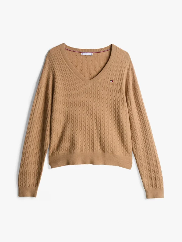 Tommy Hilfiger Zopfstrick-Pullover mit V-Ausschnitt SAFARI CANVAS Flash Sale
