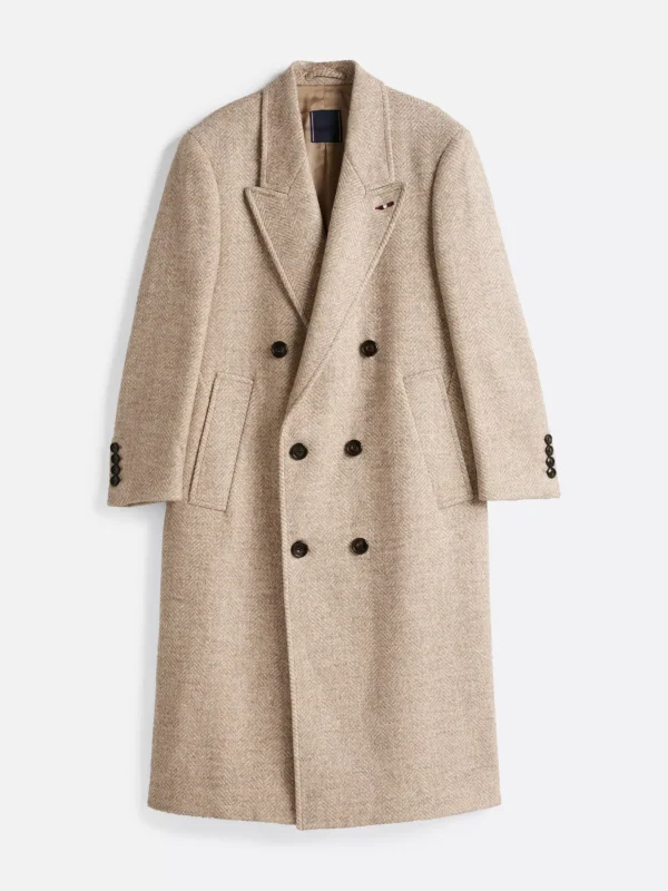 Tommy Hilfiger Zweireihiger Mantel mit Fischgrätmuster BEIGE Discount